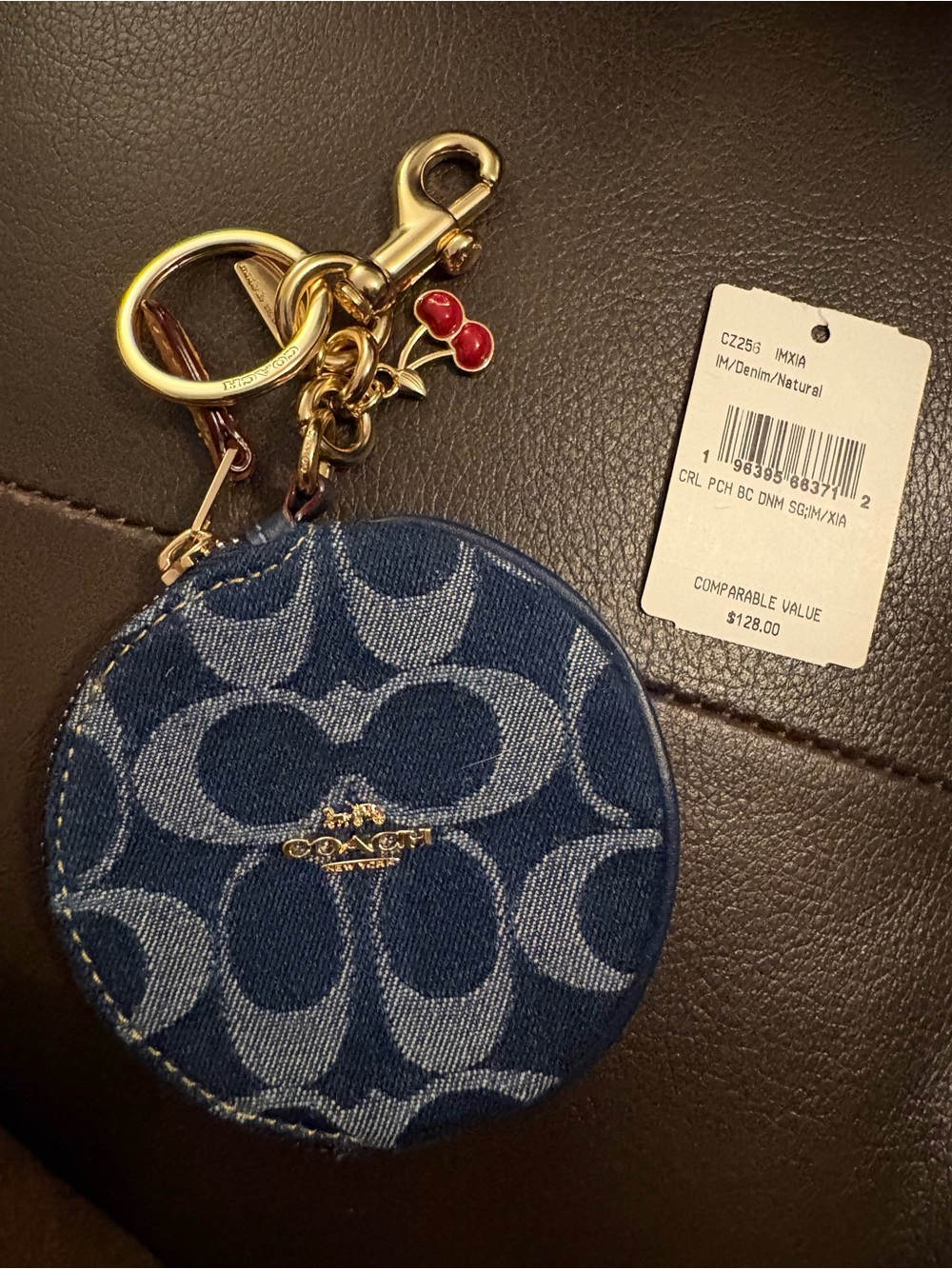 Coach Blue Denim Signature Round Coin Pouch Keychain with Gold Hardware - Picture 4 of 5